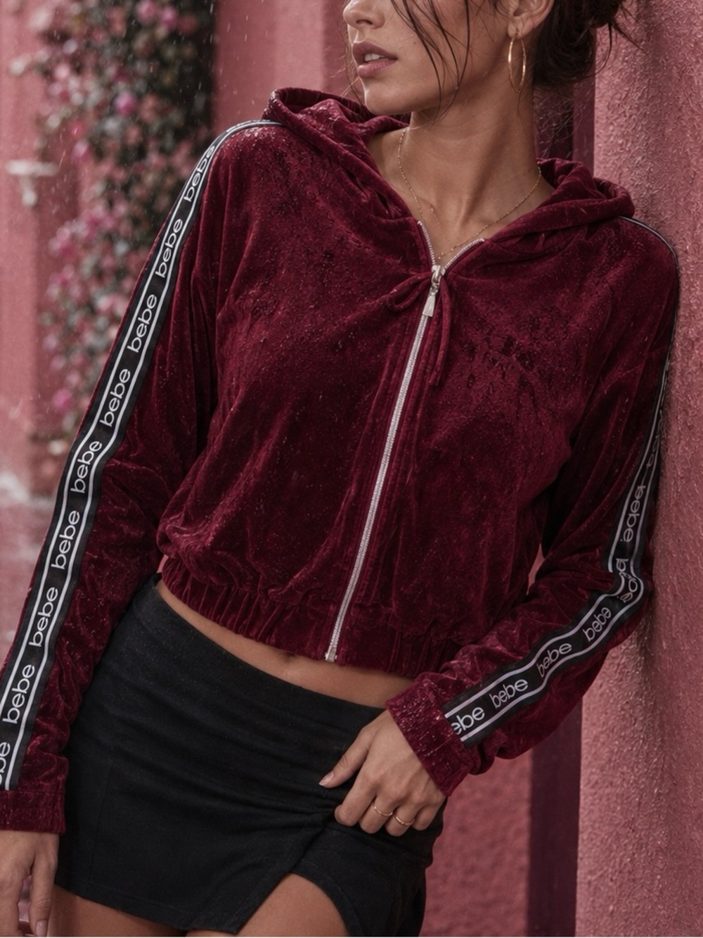 EUC Y2K bebe Velvet Velour Logo Tape Hoodie size L